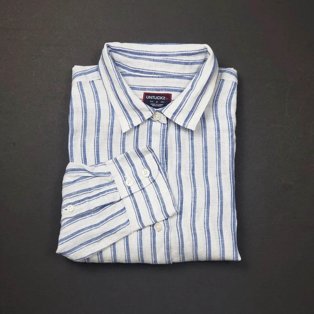 Untuckit Women Button-Up Linen Shirt Wehlen Blue White Stripe NWT/NWOT Pick Size - Picture 12 of 12